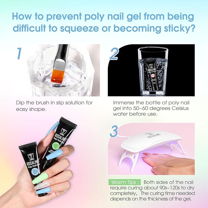 ROSALIND 12 Colors Poly Nail Gel with Mini Nail Lamp Yellow Green Poly Extension Gel Kit 0.34oz/10ml Nails Buider Set with Slip Solution Basic Tools for Beginners with Everything