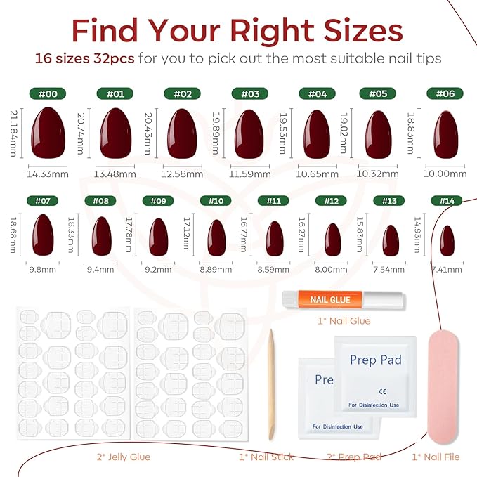 Modelones Dark Red Press on Nails Almond, Short Almond Fake Nails, Reusable Nail Kit with Nail Glue Adhesive Tabs Mini Nail File, Nails Press Ons 32Pcs16 Sizes, Women Girl Gift