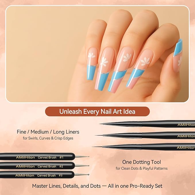 8PCS Nail Art Brush Set for Gel & Acrylic – French Tip, Flat, Oval & Carved Liner Brushes with Dotting Tools, Professional Builder Poly Gel Nail Design Kit