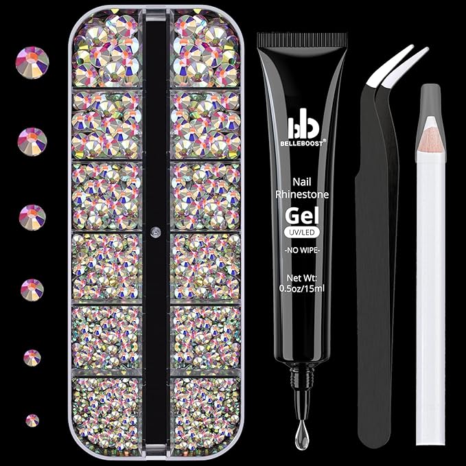 BELLEBOOST Nail Art Rhinestone Glue Gel&1 Box Flatback Gems Kit, 1 Tube of 15ml Rhinestone Gel Glue(UV/LED Needed)+Crystal AB Gems with Pickup Tools