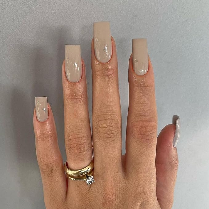 KQueenest Light Gray Press on Nails Long Medium Square, Nude Brown Fake Nails Medium Coffin, Glossy Sheer Color Acrylic Nails Press ons, Reusable Soft Gel Glue on Nails for Women DIY Manicure