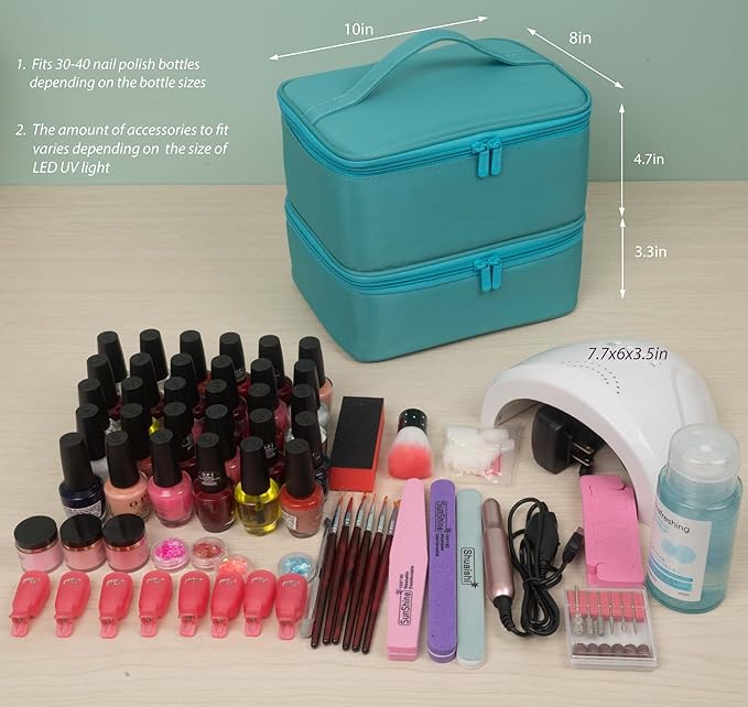 ButterFox Nail Polish Organizer Storage Case, Fits Nail Dryer Lamp and 30-40 Bottles (0.5 fl oz), Nail Supplies Holder Travel Bag - Turquoise