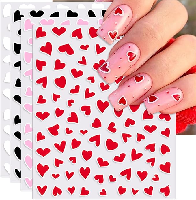 Valentine's Day Nail Art Stickers - Sexy White Border Heart Nail Decals, Self-Adhesive Black White Red Pink Love for DIY 3D Nail Supplies Decoration (6 Sheets)