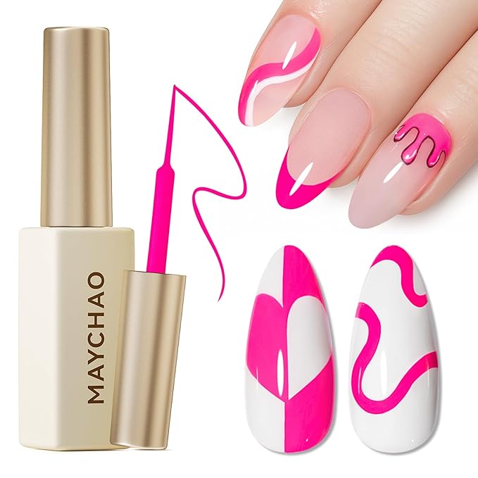 MAYCHAO Hot Pink Swirl Gel Liner Nail Art Polish, 8ml Spring Summer Crazy Pink Gel Color Built-in Thin Brush, UV Light Cure for French Nail Tips DIY Manicure at Home Salon