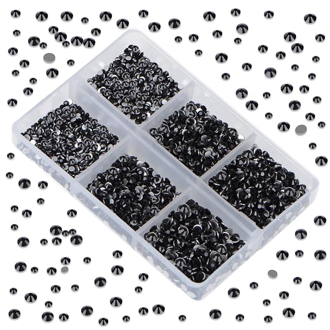 LPBeads 6000 Pieces Black Non Hotfix Rhinestones 6 Sizes Round Crystal Glass Flat Back Rhinestones with Tweezers and Picking Pen for Nail Art Crafts Clothes Bags DIY