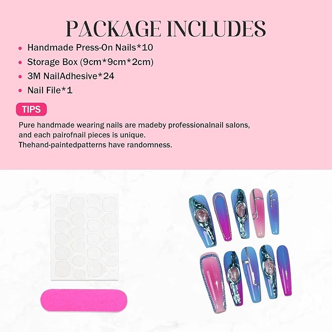 10Pcs Long Square Press on Nails Blue Ombre Handmade False Nails Luxury Reusable Fake Nails with 3D Cat's Eye and Charms Design Acrylic Nails Press Ons for Women DIY 10Pcs(Size M)