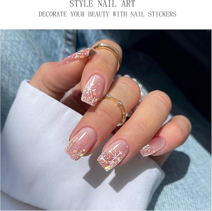 JMEOWIO Gel Nail Stickers Christmas Snowflake Glitter Semi Cured Gel Nail Strips Wraps UV/LED Nails Art Design Decoration Accessories