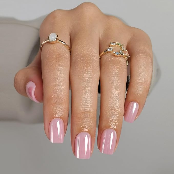 Pink Chrome Press on Nails Square - SHANGMENG Soft Gel Valentines Press on Nails Short for Women Gift, Glossy Stick on Nails with Glue in 16 Sizes - 32 Reusable Fake Nails, Aurora Light Pink