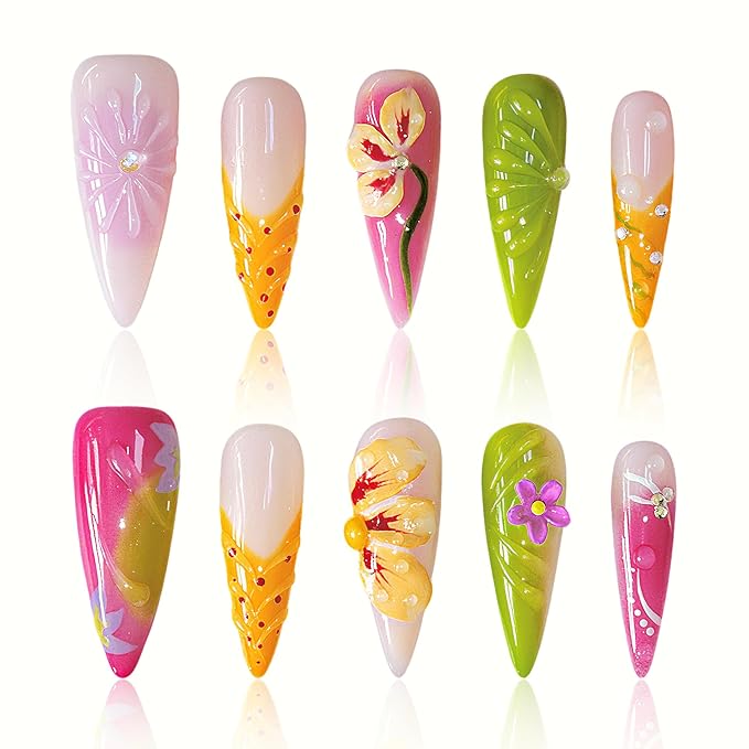 Handmade Press On Nails Long Stiletto – Tropical Colorful False Nails with 3D Carved Flowers, Gradient Glossy Finish, Reusable Stick on Sculpted Summer Party Nail Art for Women (10pcs)