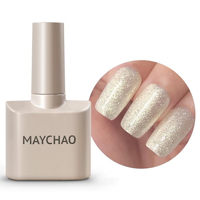 MAYCHAO 15ML White Gold Shimmer Gel Nail Polish 1Pc Mermaid Scales Gel Polish Soak Off UV LED Nail Polish Nail Art Starter Manicure Salon DIY at Home, 0.5 OZ
