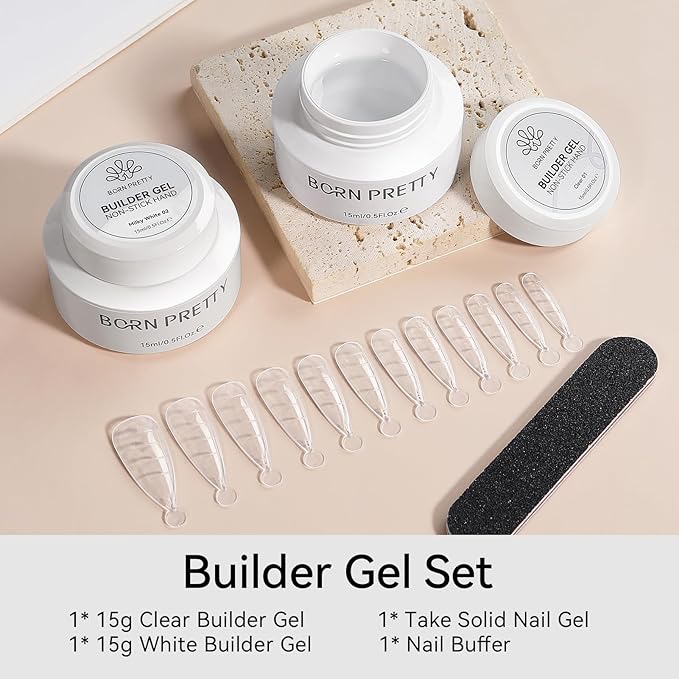 BORN PRETTY Builder Gel for Nails,2PCS Clear & White 3D Solid Hard Gel for Sculpting & Extension, Non-Stick U V Soak Off Gels for Carving Patterns,Salon & Home DIY Manicure