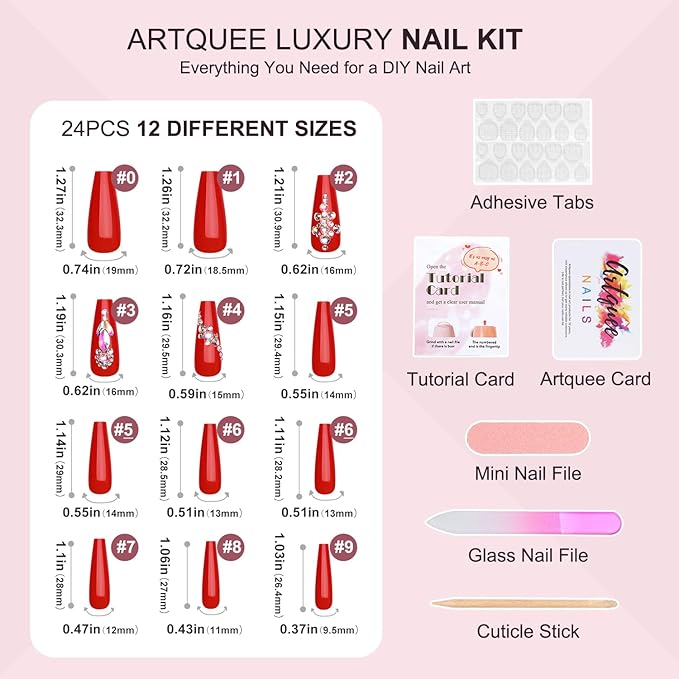 Artquee Red Coffin Press on Nails Long Fake Nails with Rhinestones Design Full Cover Luxury Bridal Wedding False Nail Kit Stick on Nails for Women 24Pcs