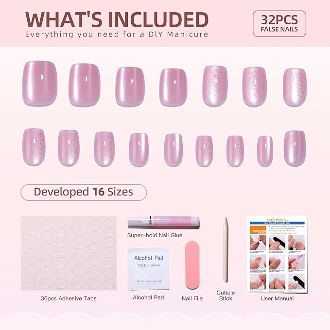 Pink Gel Press On Nails Square - Short Fake Nails With Glue, 16 Sizes, 32Pcs Reusable Soft Artificial Tips Kit