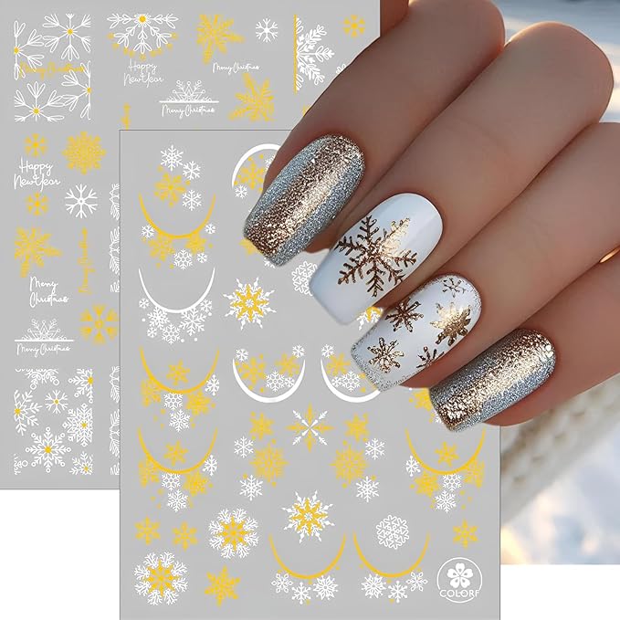9 Sheets Christmas Snowflake Nail Stickers, Gold White 3D Self-Adhesive Winter Nail Art Decals for Women Girls Xmas Snow Sparkle Manicure Decorations