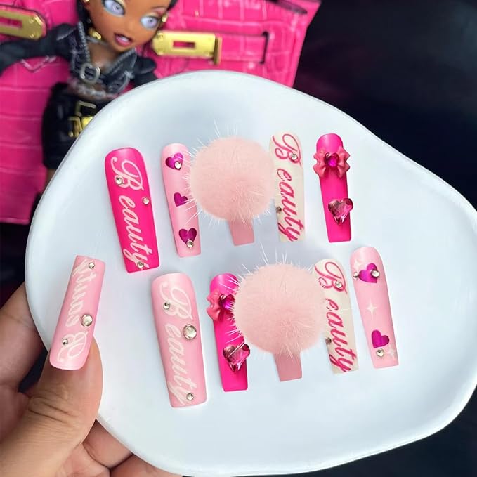 GREENTEA Faux Fur 3D Handmade Press On Nail Long,Nail Pink with Heart and Gem Accents, Colorful Baby with Storage packages 10 Pcs (Pink-M)