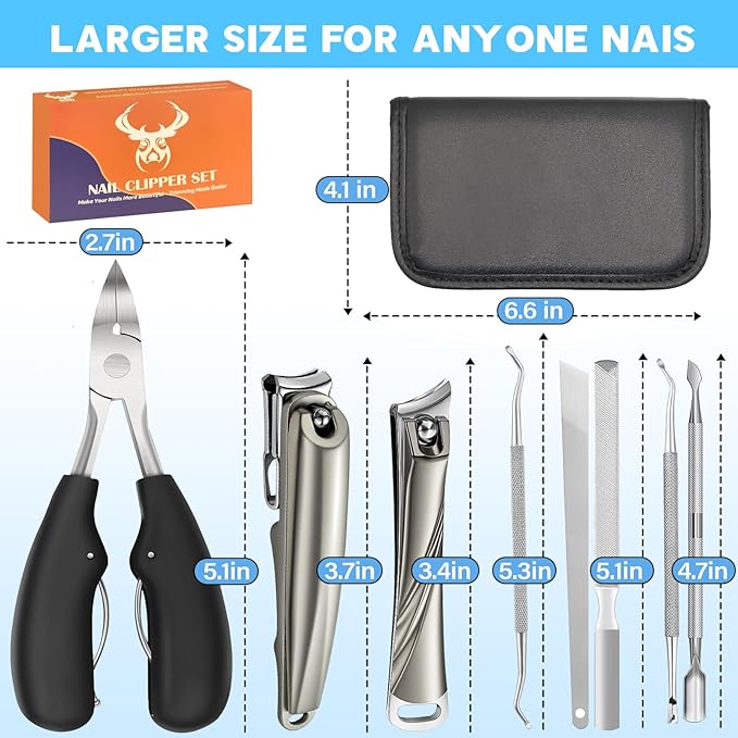 8-in-1 Heavy Duty Toenail & Fingernail Clippers for Seniors Men with Thick & Ingrown Nails - Manicure Pedicure Kit with 360° Swivel Head - Professional Wide Jaw Podiatrist Tools