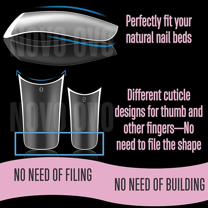 NOVO OVO Halloween Extra Thick Duck Feet Nail Tips Full Cover for Press on Acrylic with Moon Curve, Medim Long Clear Pre-Etched Matte Flare Wide French Soft Gel False Nail Extension x 15 Sizes 150 pcs