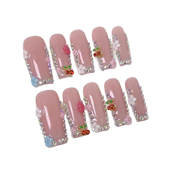 10Pcs (Size M) Long Square Handmade Press On Nails - Pink Glossy Acrylic Fake Nails with 3D Cherry Rhinestones for Women’s Manicure