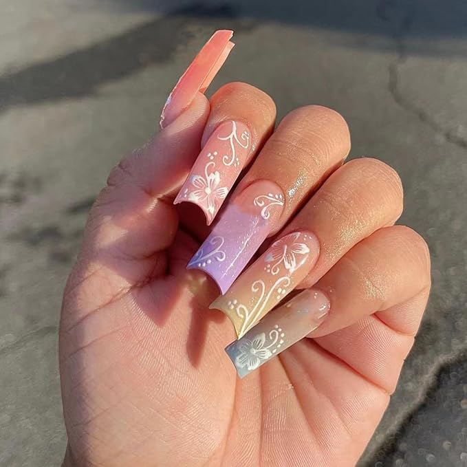 Press on Nails Long Square MABKJLF Summer Fake Nails Rainbow Full Cover False Nails with White Flower Designs Glossy Stick on Nails Artificial Acrylic Nails for Women Girls 24 Pcs
