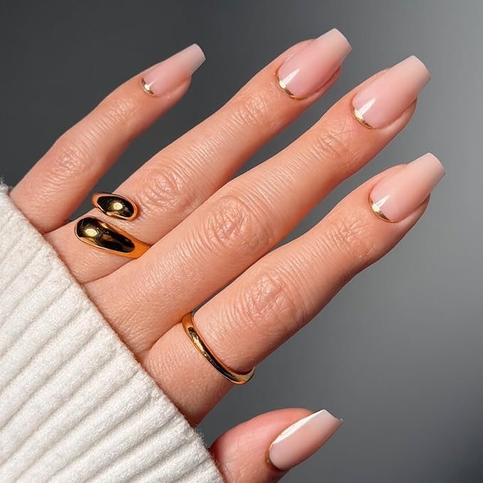 Glamnetic Press On Nails - Gold Goals | Medium Coffin Neutral Fake Nails with Gold Reverse French Tip, Salon Quality Nude Nails | 15 Sizes - 30 Nail Kit with Glue