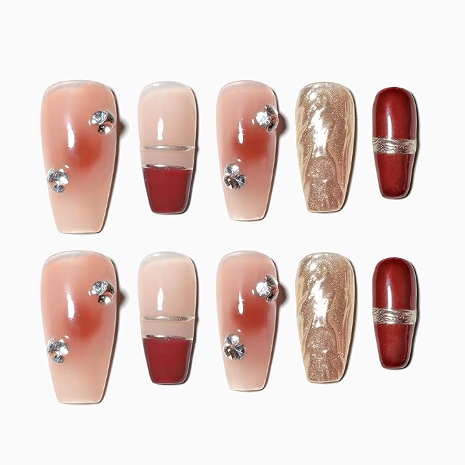 Sun&Beam Nails Handmade Press-on Medium Long Coffin Ballerina Red Nude Gold Gradation Design False Nail Tips 10 Pcs (#043 L)