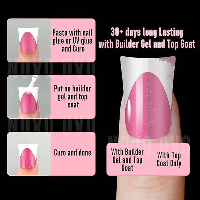 NOVO OVO Short Duck Nail Tips French Tip Press On ROSE PINK with Glitter, Soft Gel Nail Extension, Need Buider Gel Top Coat, No Glue included, Full Cover Acrylic False Nails for DIY x 12 Sizes 240 pc