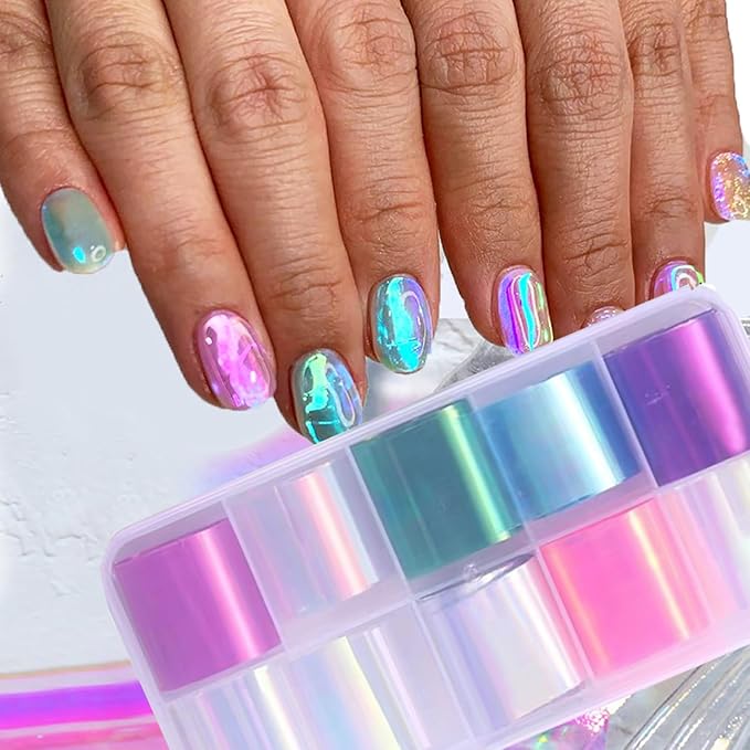 20 Rolls Gradient Aurora Glass Paper Nail Art Sticker 3D Holographic Aurora Glass Reflective Mirror Shard Effect Rainbow Thin Iridescent Cellophane Films Foil Nail Wraps for Women Nail Art