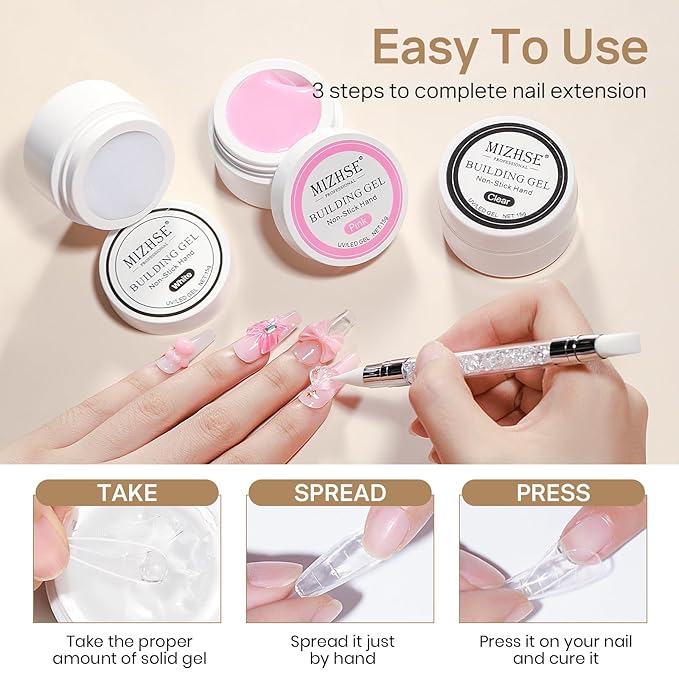 MIZHSE Solid Builder Gel for nails, 3 Colors Sculpting Gel for Nails, Clear White Pink Non-Sticky Hand 3D Nail Art Building Carving Modeling Hard Nail Extension Manicure Salon Home DIY Gift