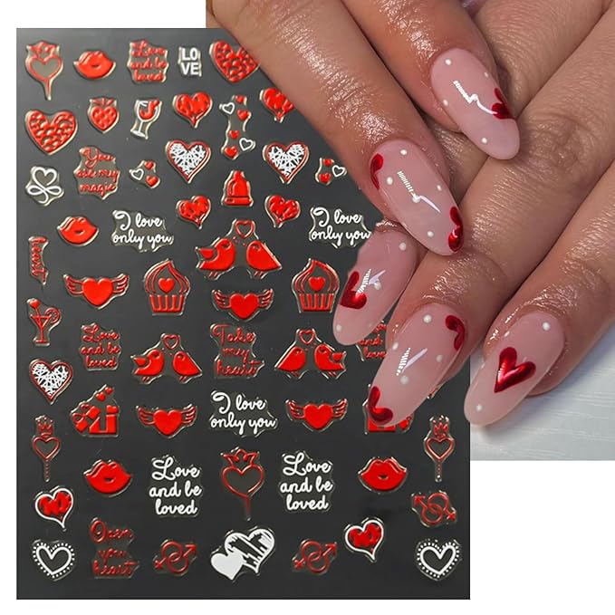 Valentine's Day Nail Art Stickers - Laser Red White Heart Nail Decals, Self-Adhesive Sexy Kiss Heart for DIY 3D Nail Supplies Decoration (6 Sheets)