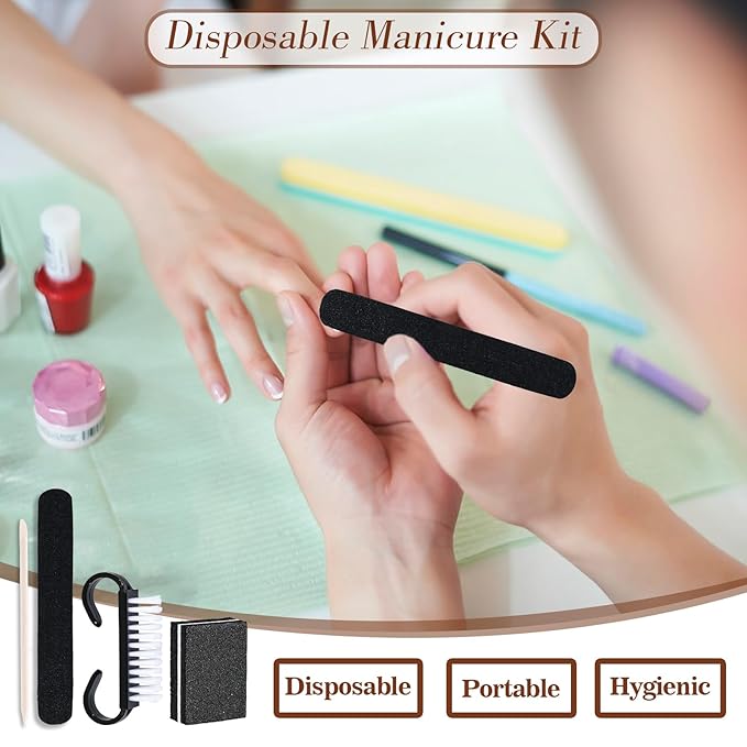 20 Sets Disposable Manicure Kit Basics 4 Piece Nail Kit for Travel,Handle Grip Brush,Mini Nail Buffer Nail File and Wood Stick for Gifts Salon Home Professional(20 Set-Black)