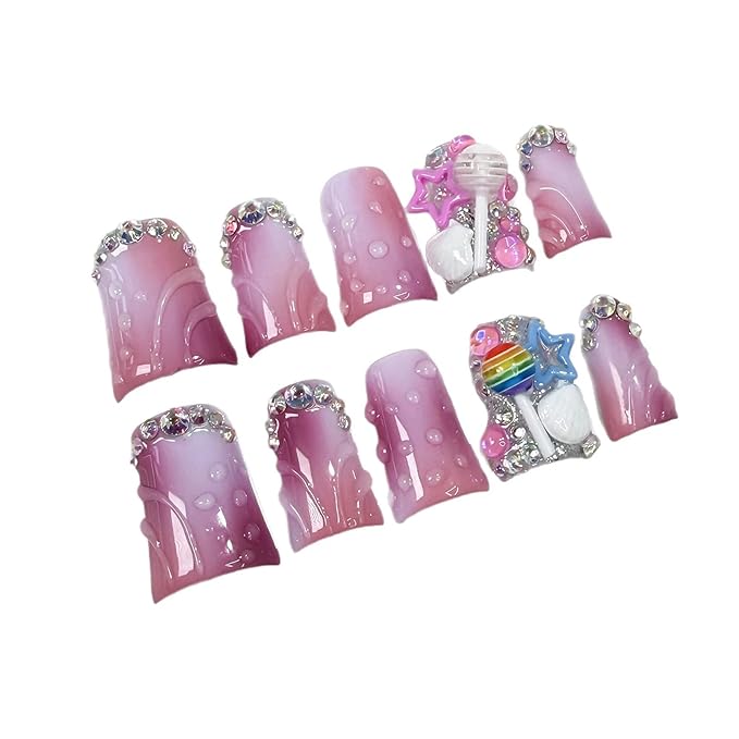 10Pcs Medium Handmade Press on Nails Duck Fake Nails Purple Ombre Full Cover False Nails Press Ons with 3D Rhinestones Designs Acrylic Stick on Nail for Women Manicure (Size M)
