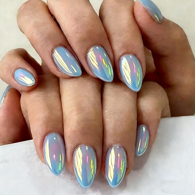 Chrome Dusty Blue Press on Nails Short Almond, Glazed Cute Fake Nails with Sparkle Mirror Design, Shiny Glitter Glue on Nails Stiletto, Gel Nail Press ons with Glue for Fingernail 30 Pcs