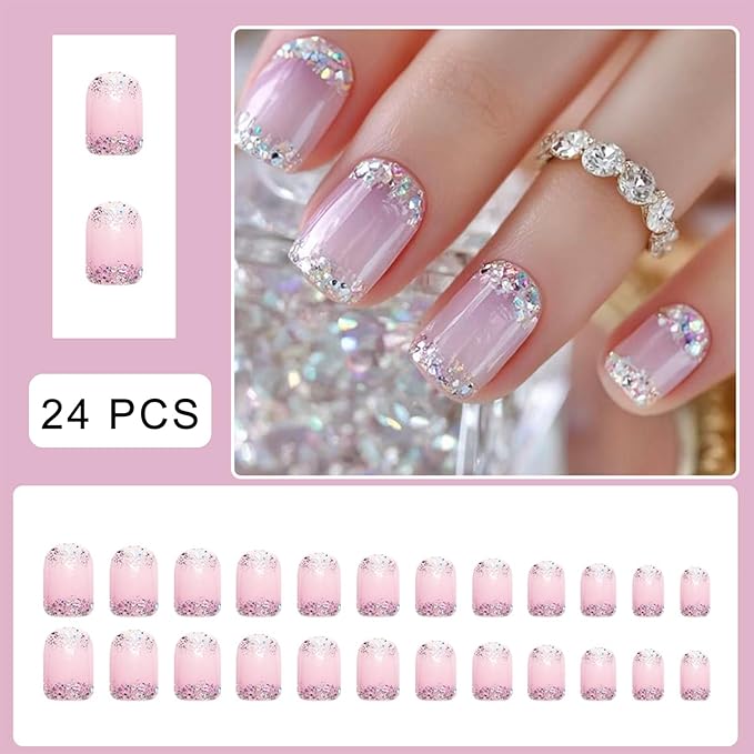 Nude Pink Glitter French Press on Nails Short Square Fake Nails Glitter Gradient False Nails Full Cover Nude Sparkly French Glossy Acrylic Nails for Women and Girls DIY Manicure Decoration 24Pcs
