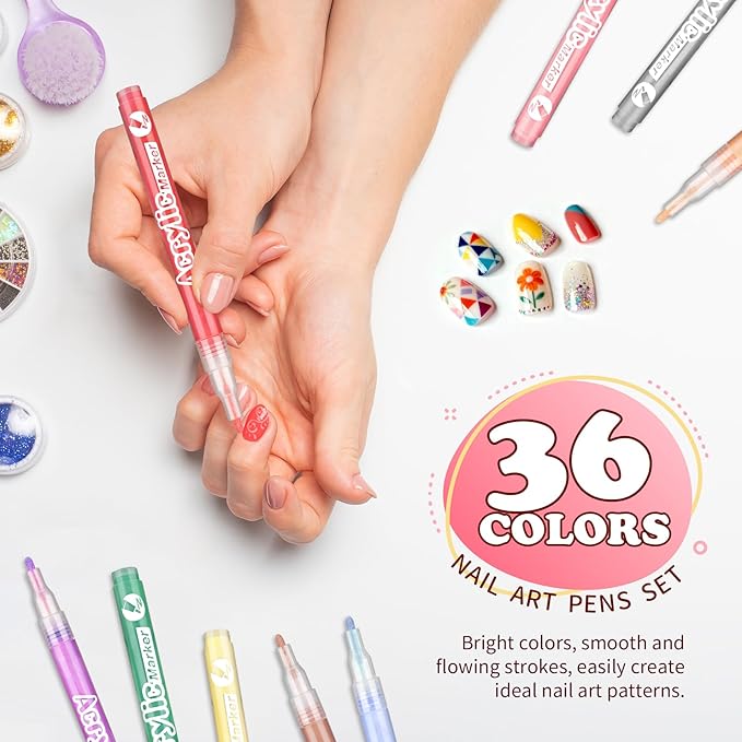36 Colors Nail Art Pen Set,3D Acrylic Nails Art Markers Pens,Quick Dry Nail Doodle Pens for Home & Salon DIY Nail Art （1.0 mm Pen Nib）