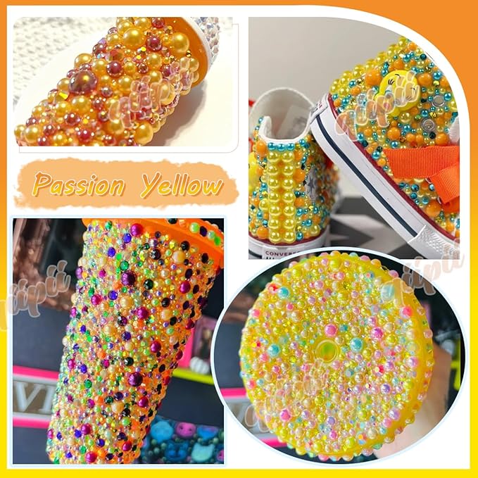 2 Styles Orange Yellow Flatback Pearls for Bedazzling Crafting 3-10mm Half Round Pearls Beads Gems Bedazzler Kit Charms for Nails Face Eyes Makeup Tumblers Bottles DIY Crafts Shoes Beauty Decor