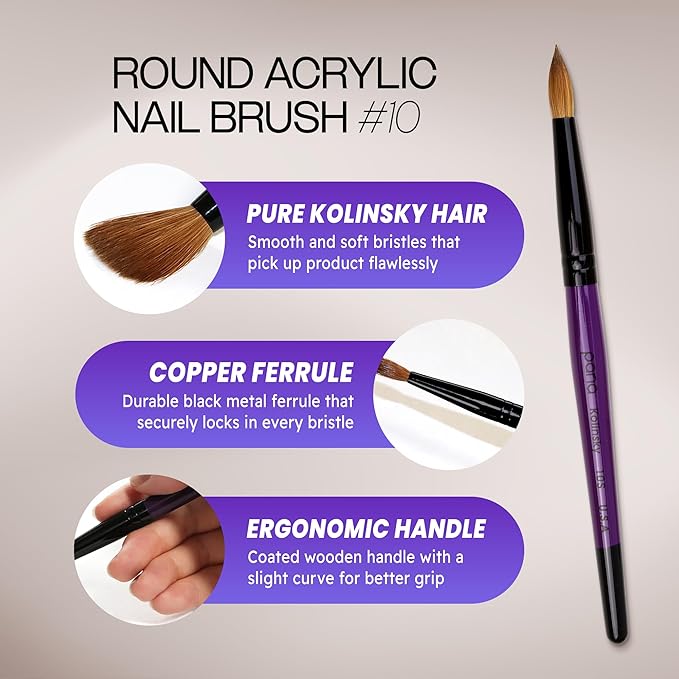 PANA Pure Kolinsky Hair Acrylic Nail Brush - Round Shape Black Ferrule with Purple Wood Handle (Size 10)