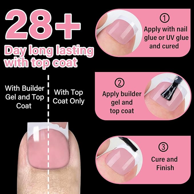 EBANKU Toe Nail Press On with 2 Nail Glue, 150pcs Square French 15 Sizes Thick Soft False Toenail Extension, Pink Full Cover Acrylic for Women Nail Art DIY