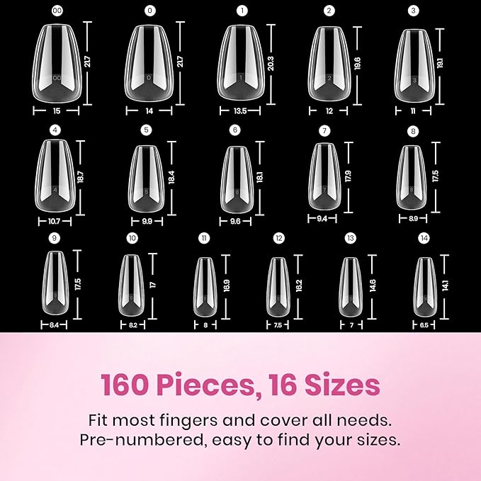 Beetles Gel Nail Tips Flat-X - Coffin Short, 160pcs 16 Sizes, Pre-Etched Half Matte Full Cover Soft Acrylic False Nail Tips Clear Press on Easy DIY Extension Salon for Flat & Natural Nail Beds