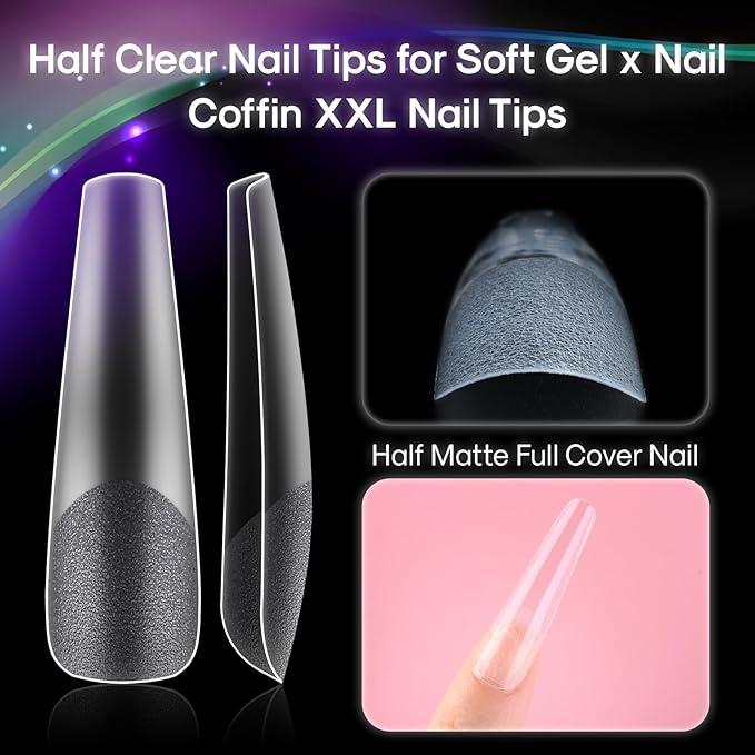 Flattened No C Curve, XXL Coffin Nail Tips, Half Matte Clear Half Cover Coffin Flat Tips for Acrylic Nails Salons Home DIY Extensions(12 Sizes 240PCS)