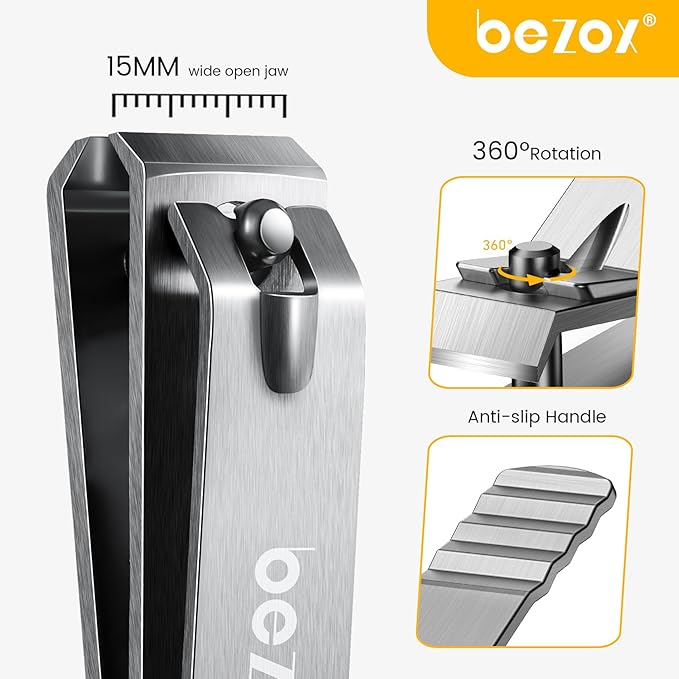 BEZOX Toe Nail Clippers - Nails Clipper for Men Toenails Clipper for Seniors, Heavy Duty Stainless Steel Fingernail Cutters with Straight Blade - Silver