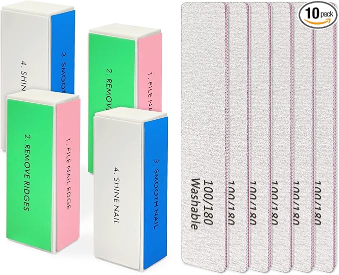Professional Nail Files and Buffers Kit, Nail Sponge Buffer Blocks and 100/180 Grit Nail Files Set for Fingernail and Acrylic Nails