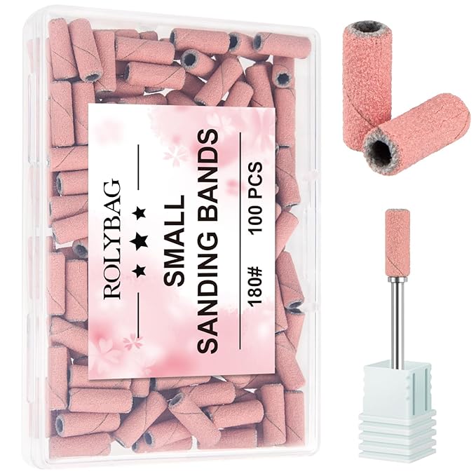 Rolybag 100pcs Small Sanding Bands Nail Drill Bits 180 Fine Grit Nail File Sanding Bands with 3.1mm Mandrel Bit for Acrylic Nails Gel Removing Shaping Professional Manicures and Pedicure, Pink