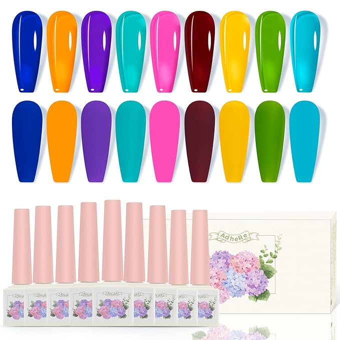 ADHERE Jelly Gel Nail Polish Set 12ML, 9 Transparent Colors Sheer Gel Polish with Blue Green Red Purple and Pink Nail Polish for Nail Salon DIY Home Christmas Holiday Gift Set