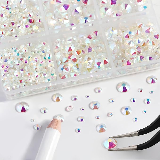 Beadsland 8300PCS Flatback Rhinestones, Glass Rhinestone Nail Gems Round Crystal Rhinestones for Crafts, Mixed 10 Sizes with Wax Pencil and Tweezer Kit, SS3-SS30, Transparent AB