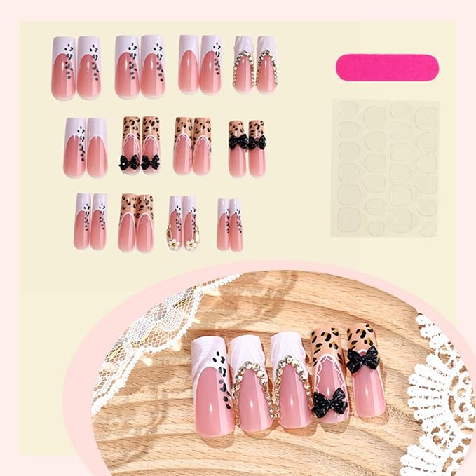 Long Square Press on Nails Leopard Print Brown Fake Nails 3D White French Black Bow False Nails Party Artificial Stick on Nails for Women 24pcs