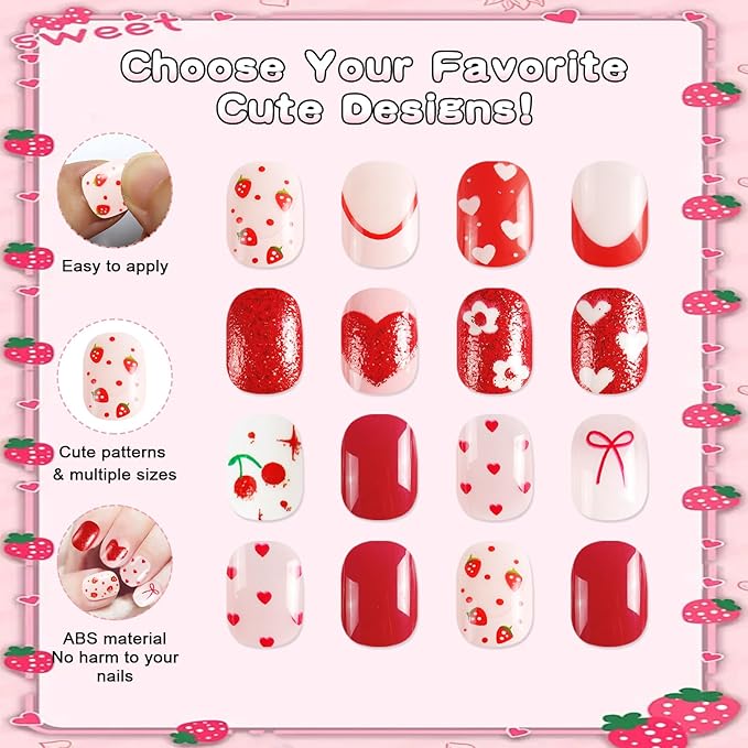 SIUSIO 3Pack Children Acrylic Fake Nails, 72pcs Press on Full Cover Glitter Short Red Heart False Nail Art Kits Set with Sticker Tabs Nail Glue for Kids Little Girls Christmas Gifts - Blossom Sweetie