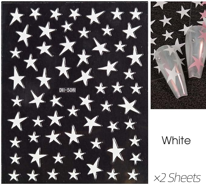 14 Sheets Star Nail Art Stickers, 7 Colors 3D Self-Adhesive Nail Decals with Gold Silver Black White Blue Pink Holographic Stars, 4th of July DIY Manicure Accessories for Women & Girls