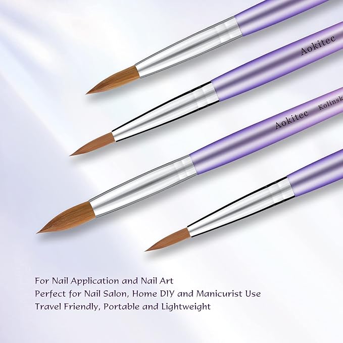 Aokitec 100% Kolinsky Acrylic Nail Brush #14 Oval Crimped Sable Wood Nail Art Brush for Acrylic Application Manicure Tool (Purple)