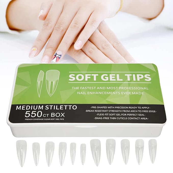 550 Tablets Long Clear Nails Ultra Thin Clear Stiletto Fake Nails Set, Long, Full Cover, Almond Shaped with Rhinestones Designs for Wedding, Dating, Party Acrylic Nail Tips Kit