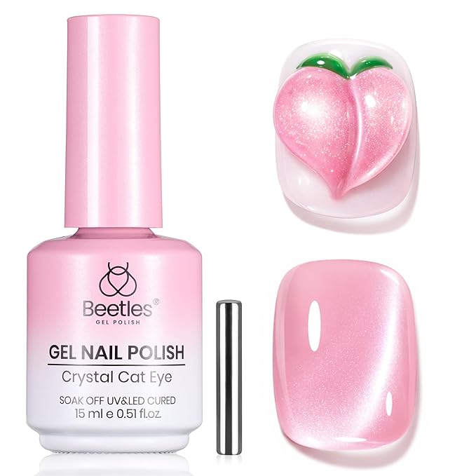 Beetles Peachy Whimsy Pink Cat Eye Gel Nail Polish - 15ML Glitter Pink Cat Eye Spring Gel Polish Magnetic Shimmer Effect Soak Off UV Nail Art Design Salon DIY Manicure Gift for Women